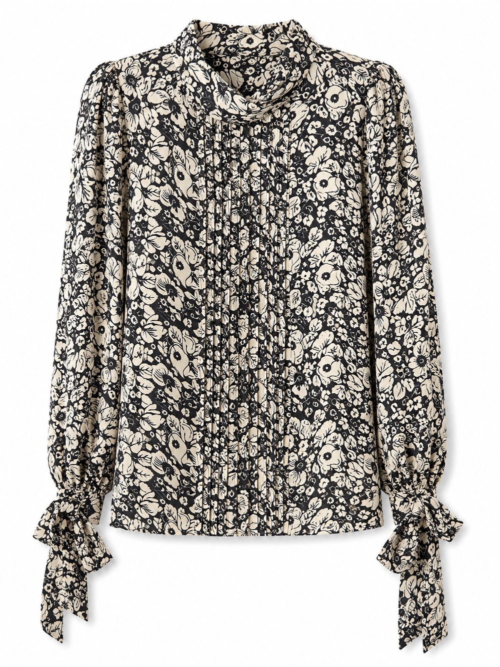 Topshop Black and Cream Floral Tie-Cuff Blouse